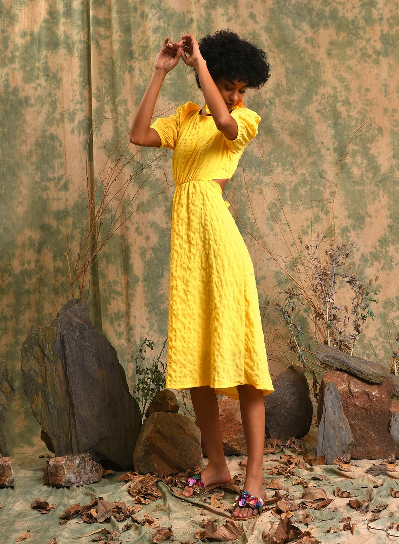 PINACOLADA  Women's Lemon Yellow Open-Back Midi Dress For Casual Wear | Round Neck | Short Sleeve | Pull On Closure | Dress Designed With Comfort Fit For Woman & Girls for Women | Best Price UAE